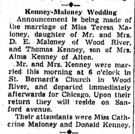 Kenney-Maloney Wedding 22 Sep 1941