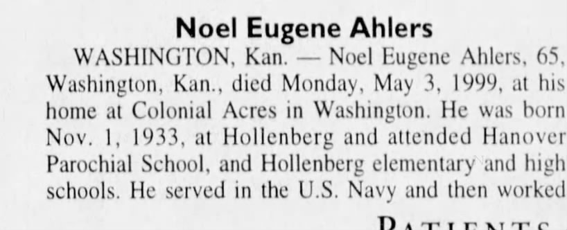 Obituary for Noel Eugene Ahlers, 1933-1999 (Aged 65)