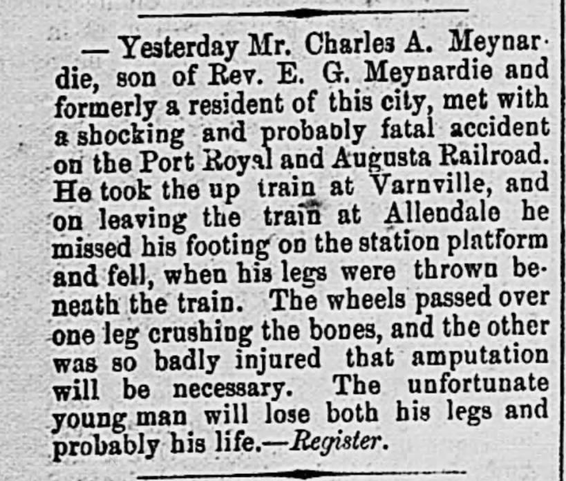 Charles A Meynardie - accident - possible death 1884