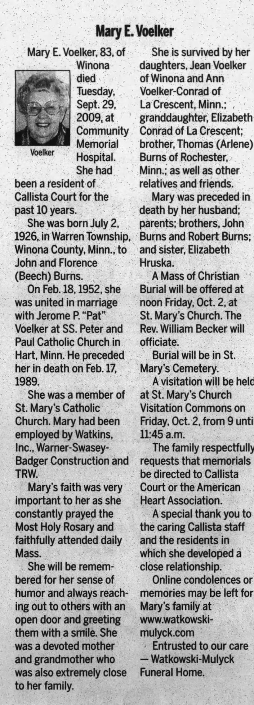 Obituary for Mary E E. Voelker (Aged 83)