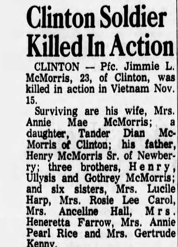 Jimmie McMorris obi
Greenville News 22 Nov 1967