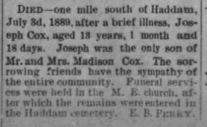Death of Joseph Cox, son of Madison