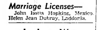Helen Dubray and John Hopkins marriage liscenses applied for