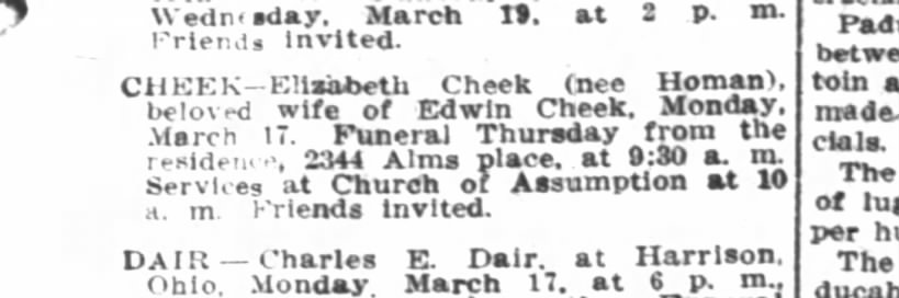 Cheek, Elizabeth (Homan) Obituary, wife of Edwin Cheek
