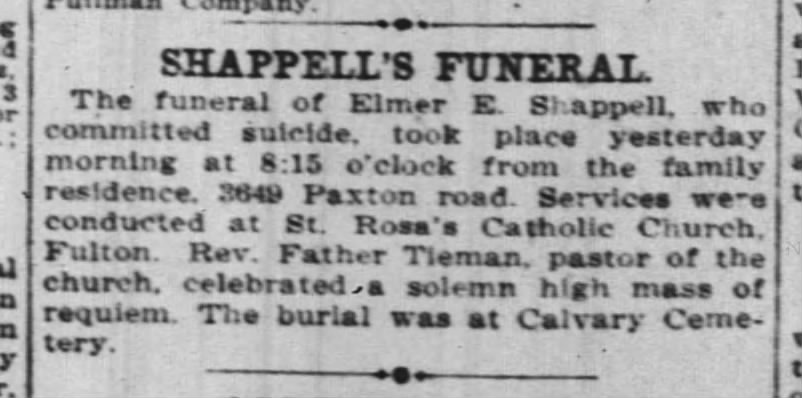 Shappell's Funeral - Detail of Elmer Shappell's funeral, husband of Mary J. Homan