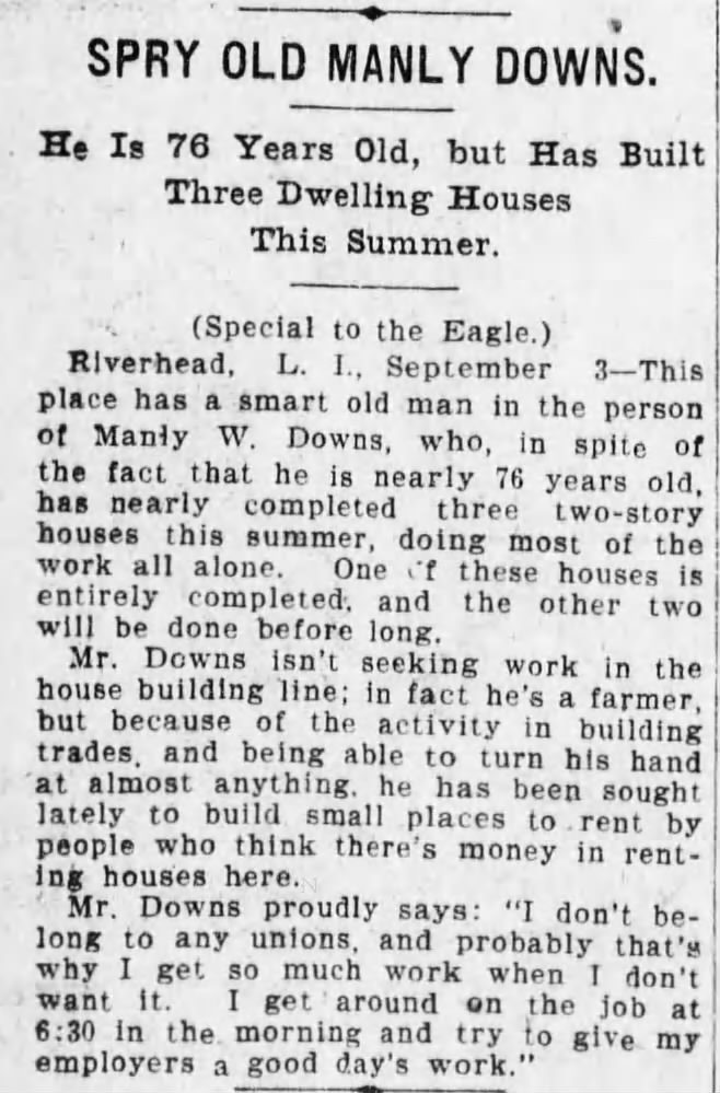 Manly Downs, Riverhead, 76 yo, builds houses; 1907
