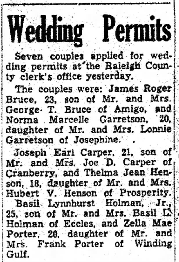 Zella M Porter June 17 1953 Wedding Permit