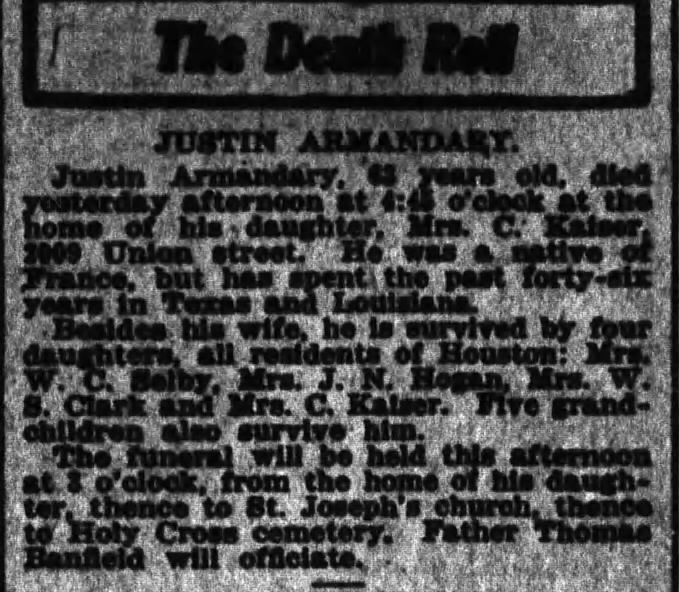 Justin Armandary obit. Houston Post 18 Mar 1911