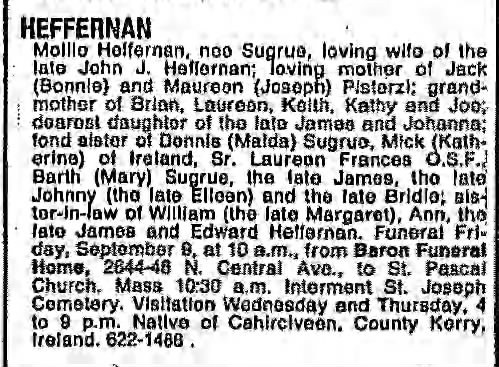 Mollie Heffernan, nee Sugrue 1988 Obituary
