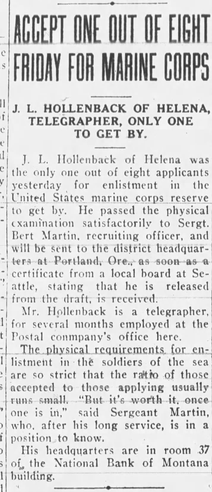 J.L. Hollenback, telegrapher, accepted into Marines
