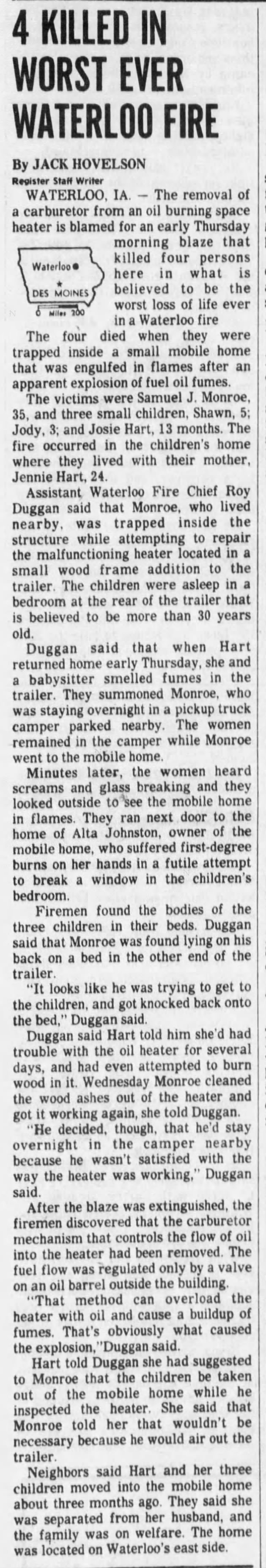 Fire of Hart Children, Waterloo IA
The DesMoines Register Oct 29, 1976 pg 3