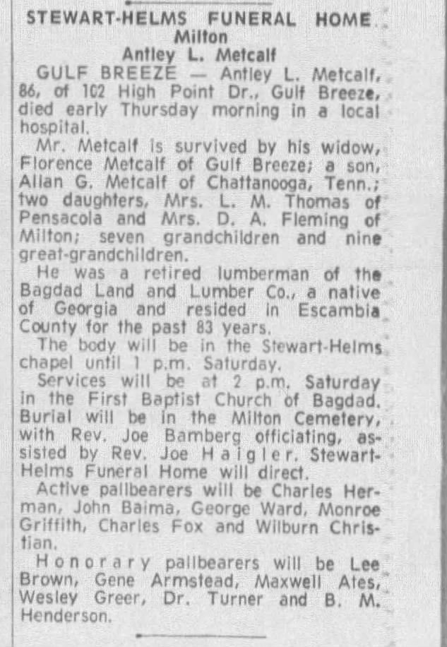 Antley Metcalf Obituary; The Pensacola News; 27 October 1967; p. 2; col. 7