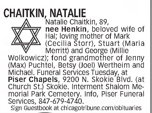 Natalie Chaitkin Obituary Chicago Tribune 21 Sep 2009