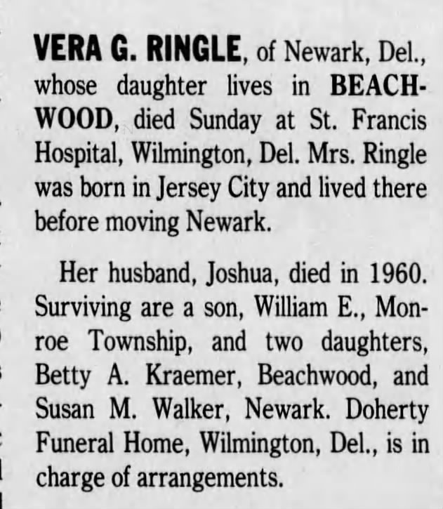 Vera G. Ringle Obituary - 1992