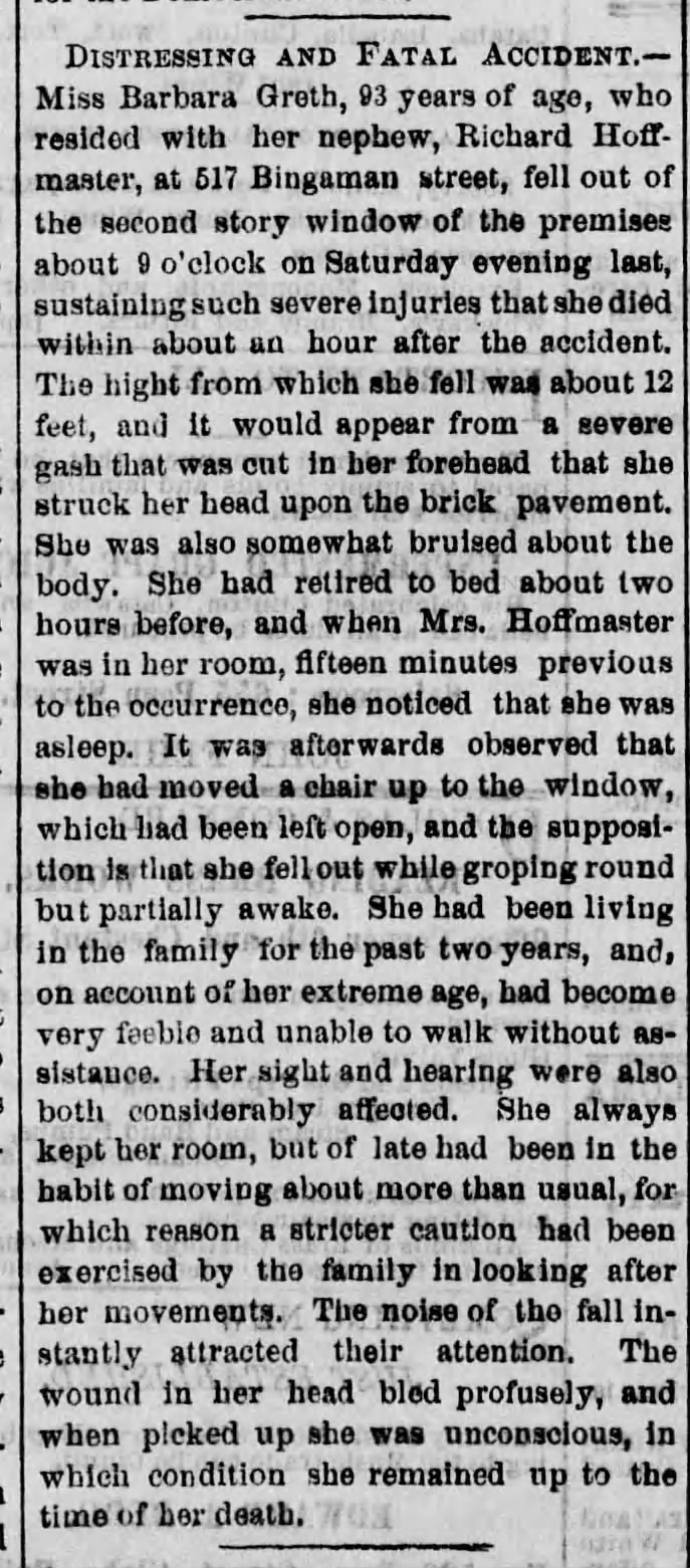 Miss Barbara Greth's Death -1869
