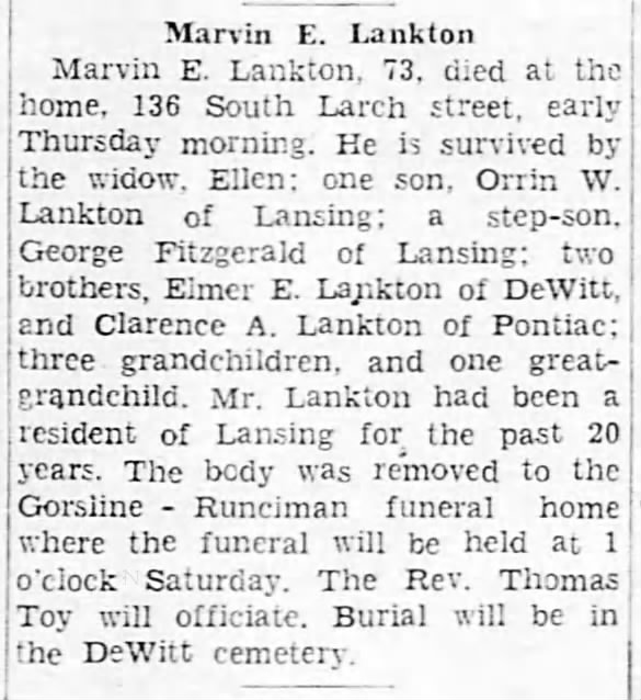 Marvin E. Lankton Obituary Dec 29th 1938-died Thursday Dec 28th 1938