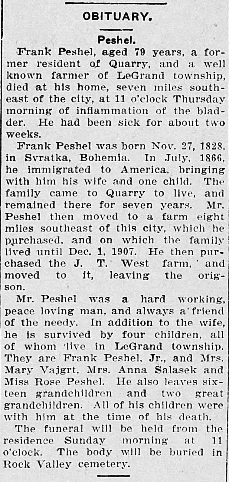 Frank Peshel obituary Feb 14th 1908