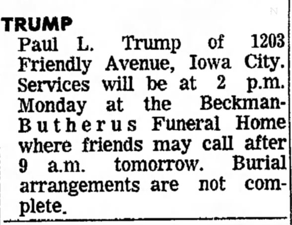 Paul L Trump funeral notice