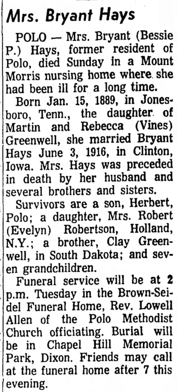 Mrs. Bryant Hays Obit, 1965