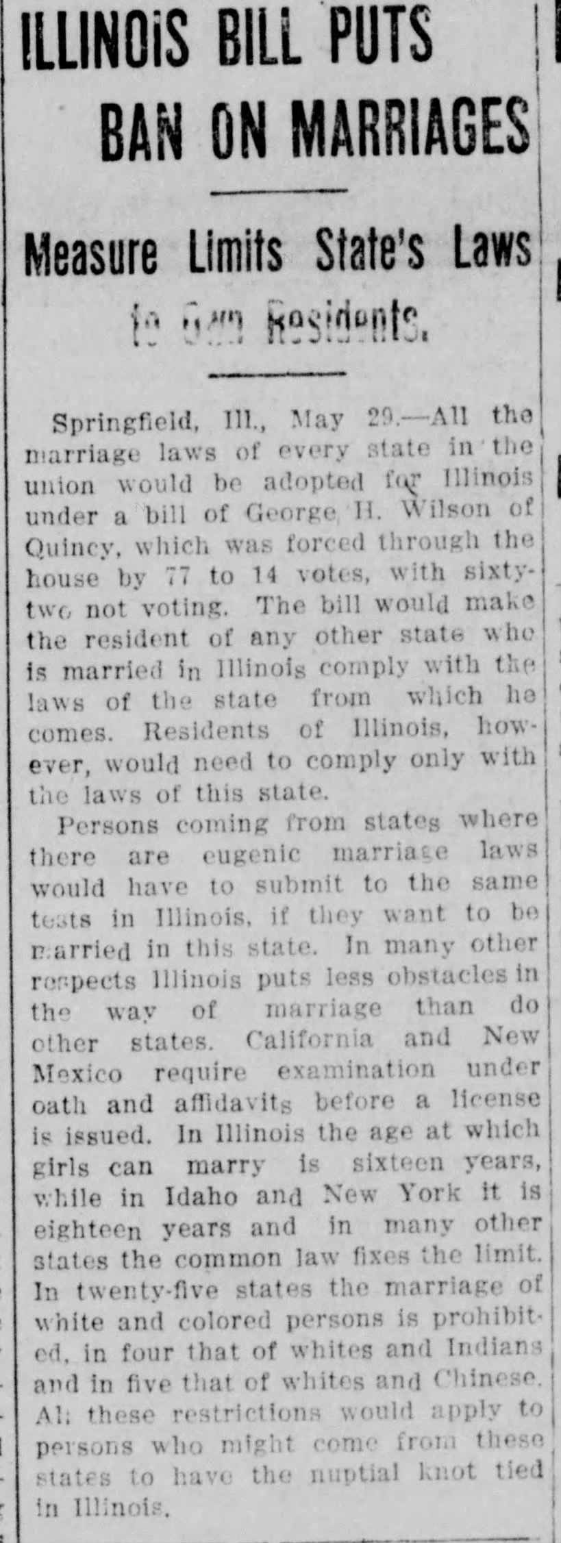 Illinois Bill Puts Ban on Marriages (29 May 1915)