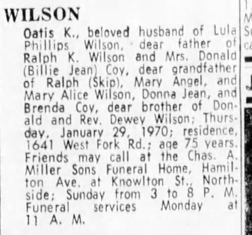 Oatis K Wilson Obituary (The Cincinnati Enquirer) Cincinnati, OH (1 Feb 1970)
