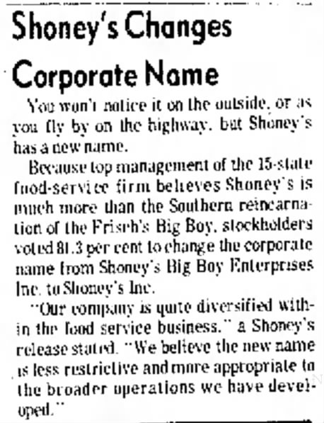 Shoney's Changes Corporate Name