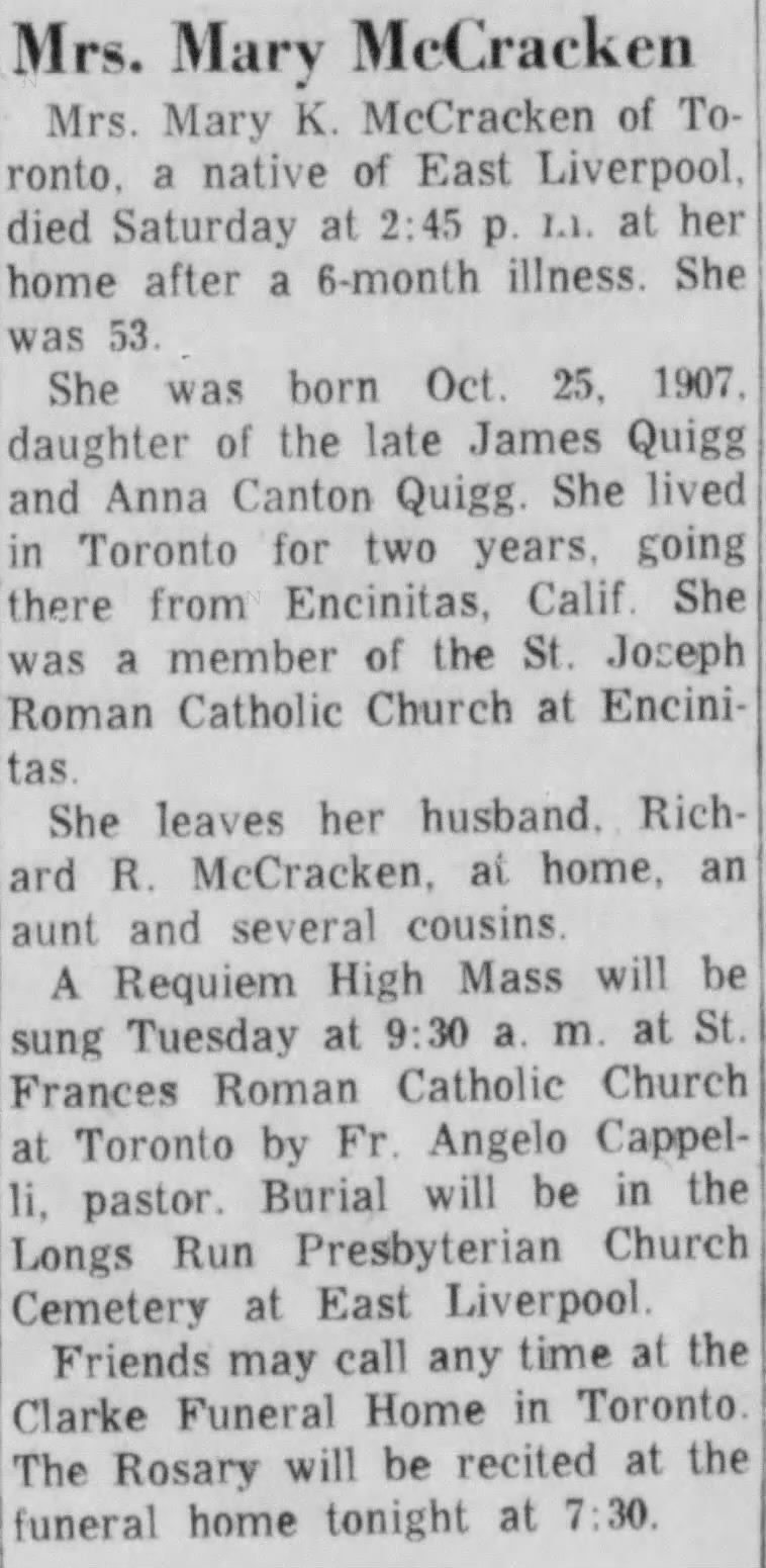 Mary Quigg McCracken obit - 21 Nov 1960 - East Liverpool, Ohio - The Evening Review