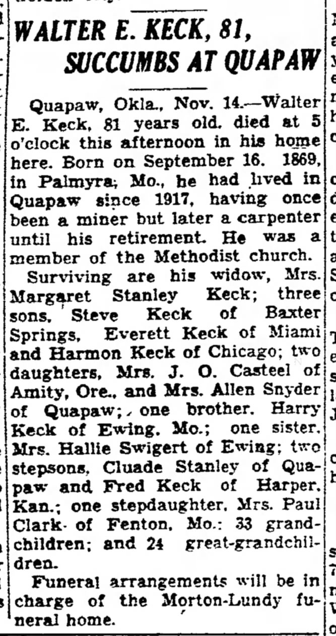Walter Keck 81, succumbs at Quapaw Joplin Globe 15 Nov 1950