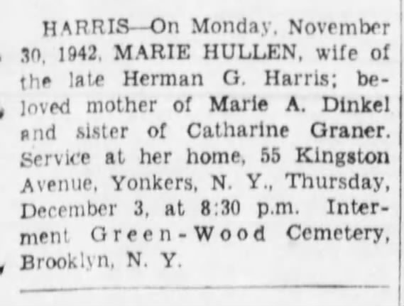HULLEN Marie Catherine HARRIS-death notice-BrooklynDailyEagle-30 Nov 1942