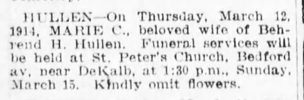 MOHRMANN Marie Catherina HULLEN-death notice-BrooklynDailyEagle-12 March 1914
