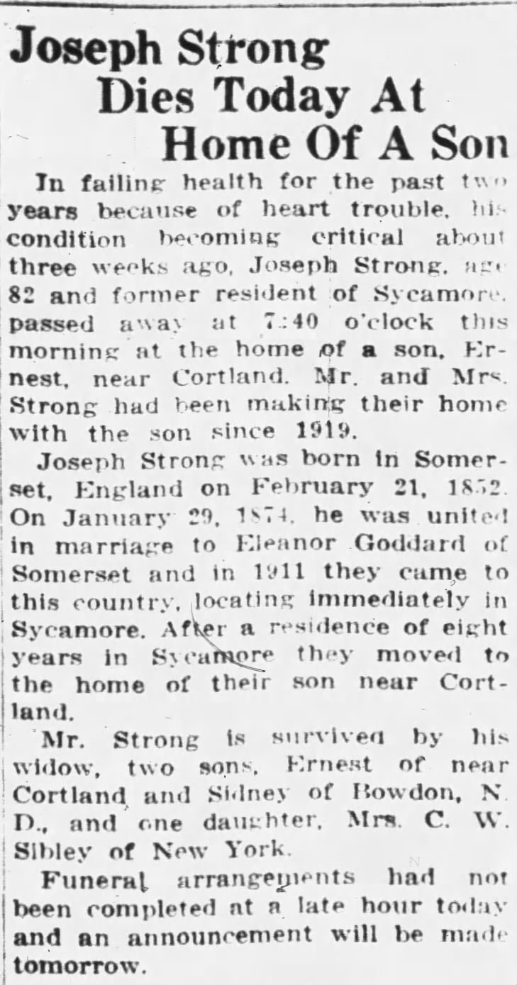 Joseph Strong 1st death notice Jul 25 1934
