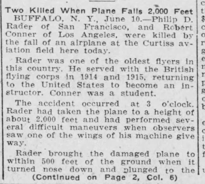 PILOT PHILLIP D RADAR & STUDENT  ROBERT CONNOR KILLED IN CRASH AT CURTISS FIELD JUNE 10, 1918
