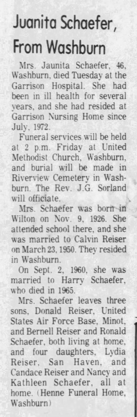 Obituary for Juanita Schaefer (Aged 46)
