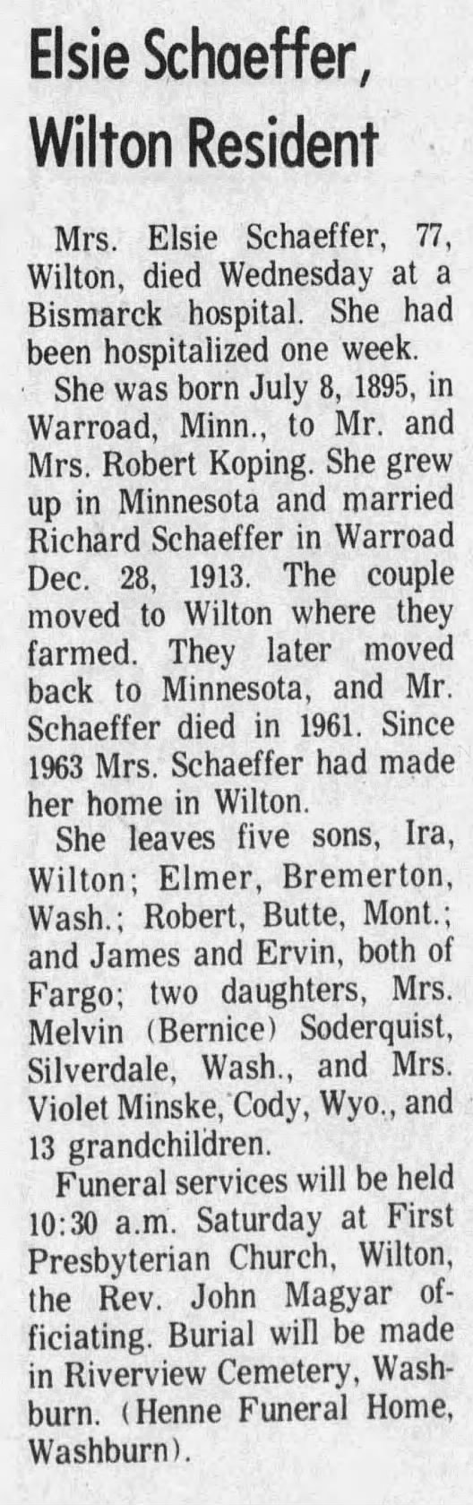 Obituary for Elsie Schaeffer (Aged 77)