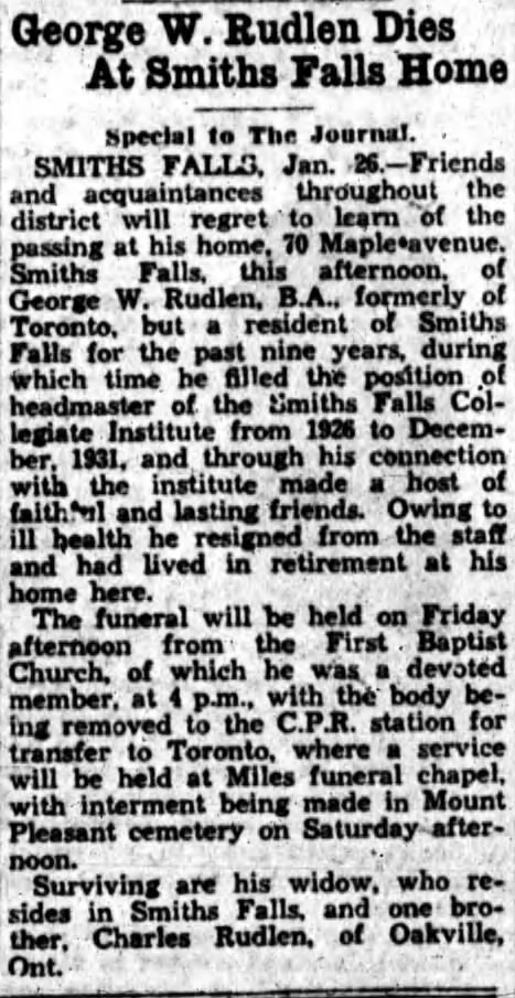 George W Rudlen obituary - 27 Jan 1933 The Ottawa Journal