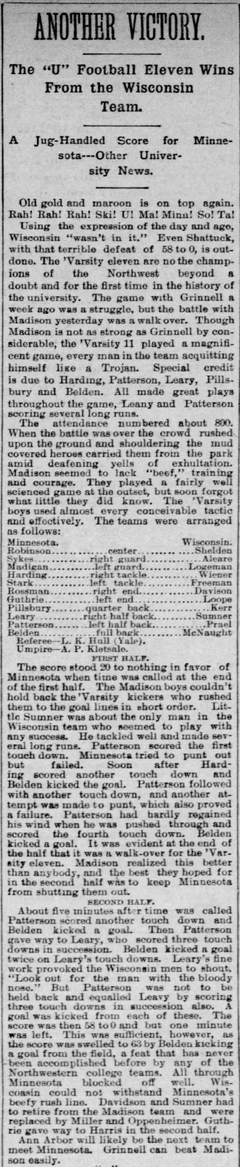 First Minnesota-Wisconsin rivalry game 1890