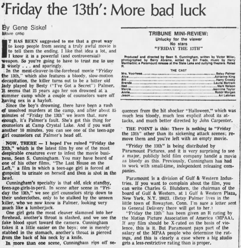 Gene Siskel Friday the 13th review