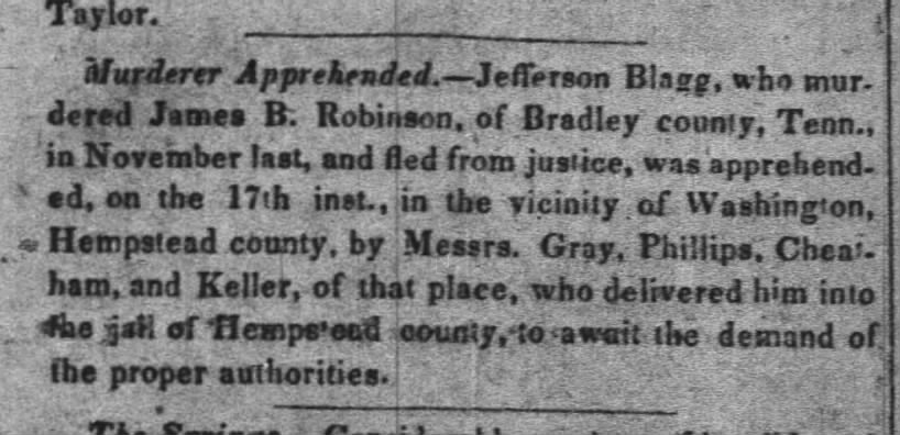 Murderer Apprehended by men listing Keller_26 Jun 1839_Weekly AR Gazette_Little Rock AR