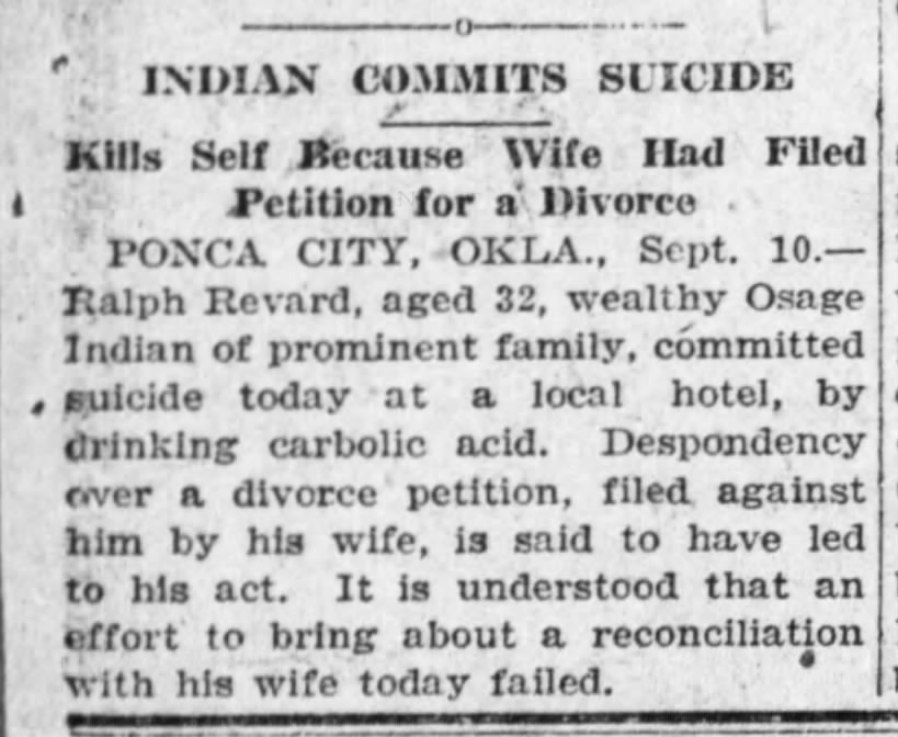 Ralph Revard_Indian Commits Suicide_Wichita Daily Eagle_Wichita KS_11 Sep 1921
