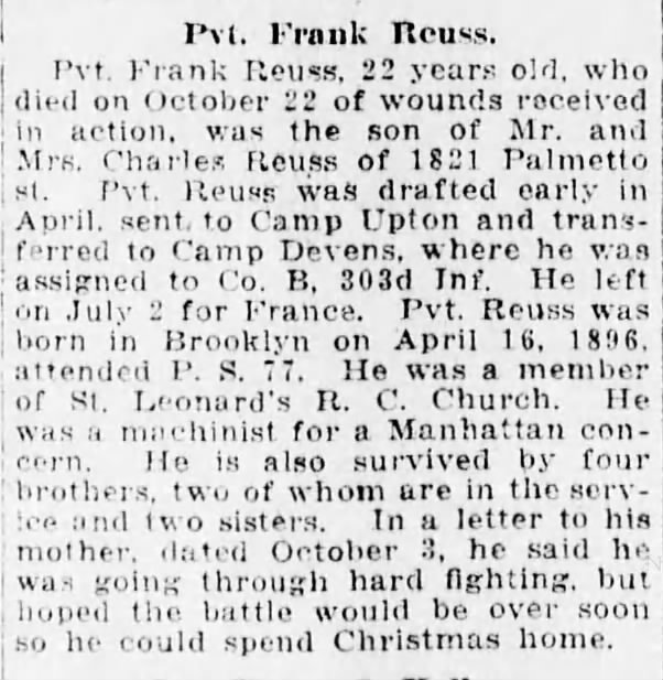 Pvt. Frank Reuss Killed In Action, 22 Oct 1918