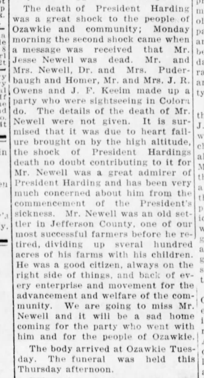 Death of Jesse Newell, son of Valentine F. Newell, grandson of Jesse Newell.