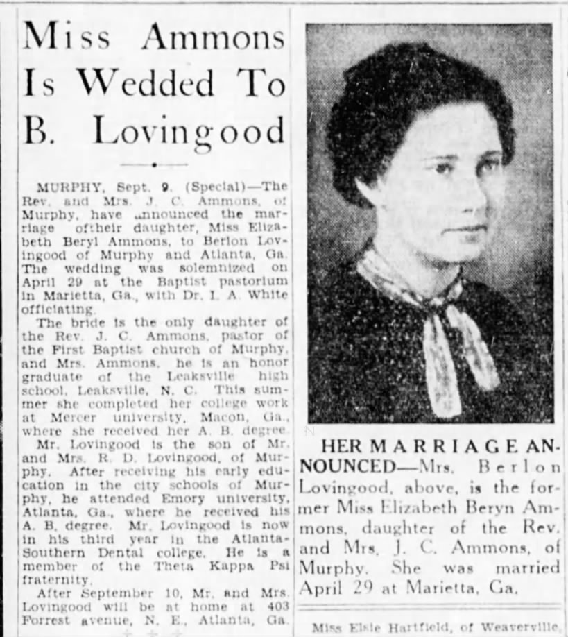 Marriage - Ammons, Elizabeth Beryl to Berlon Lovingood 1939 Apr 29