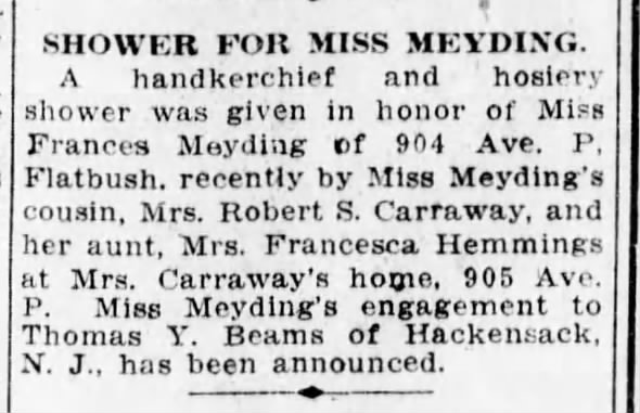 Marriage of Frances Meyding to Thomas Y Beams of Hackensack announced - Jan 1923