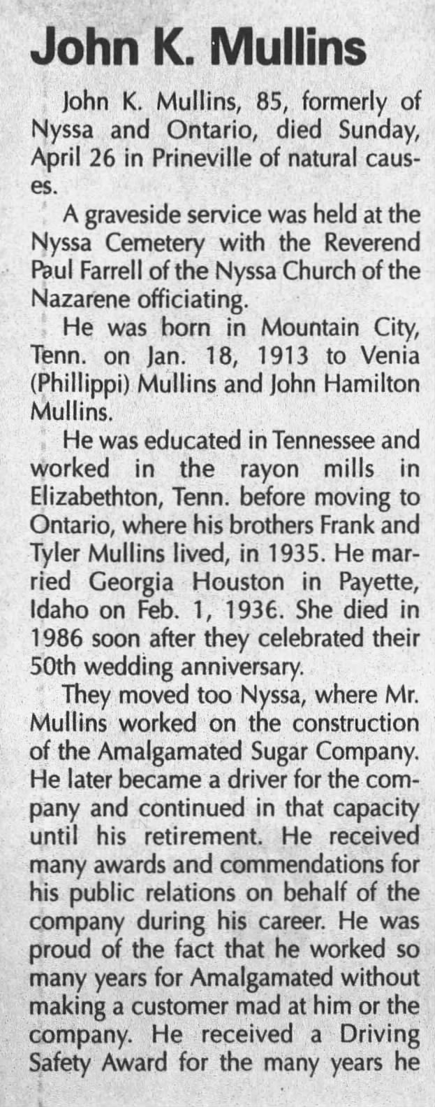Obituary for John K. Mullins (Aged 85)