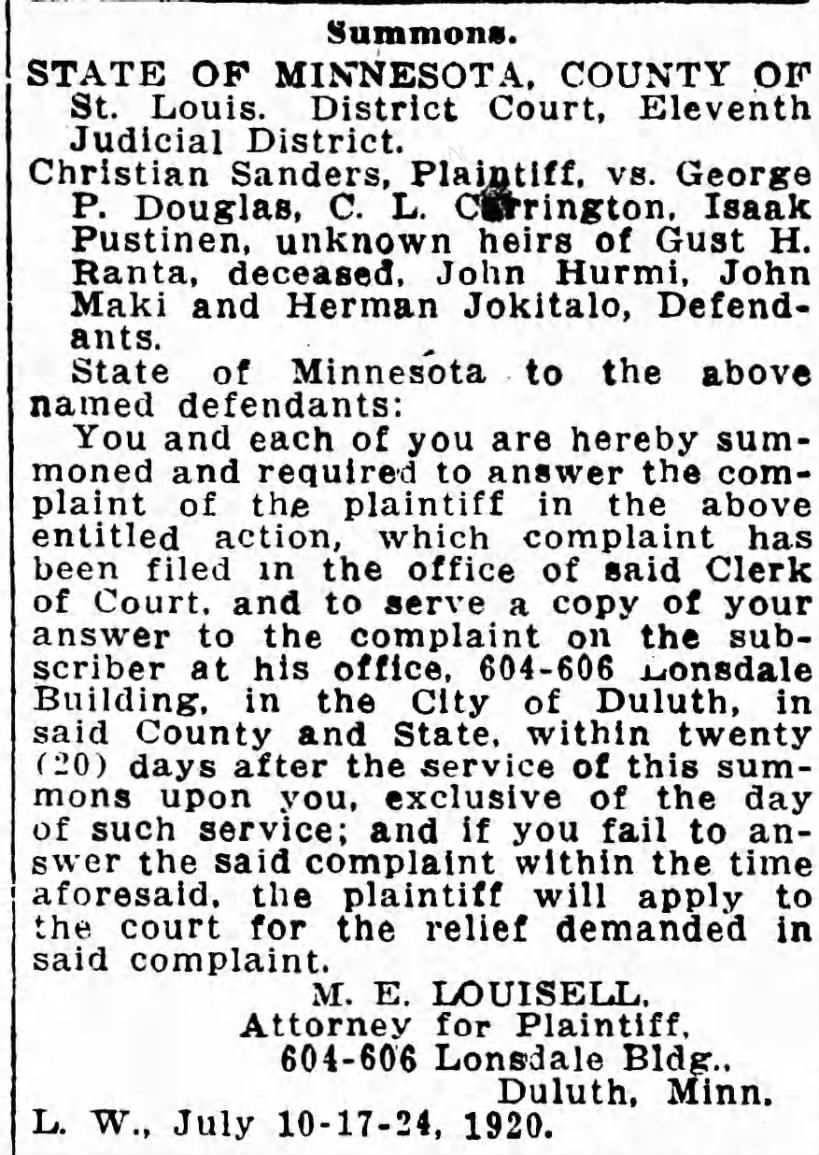 John Hurmi - "The Labor World, Duluth, MN July 17, 1920 p5