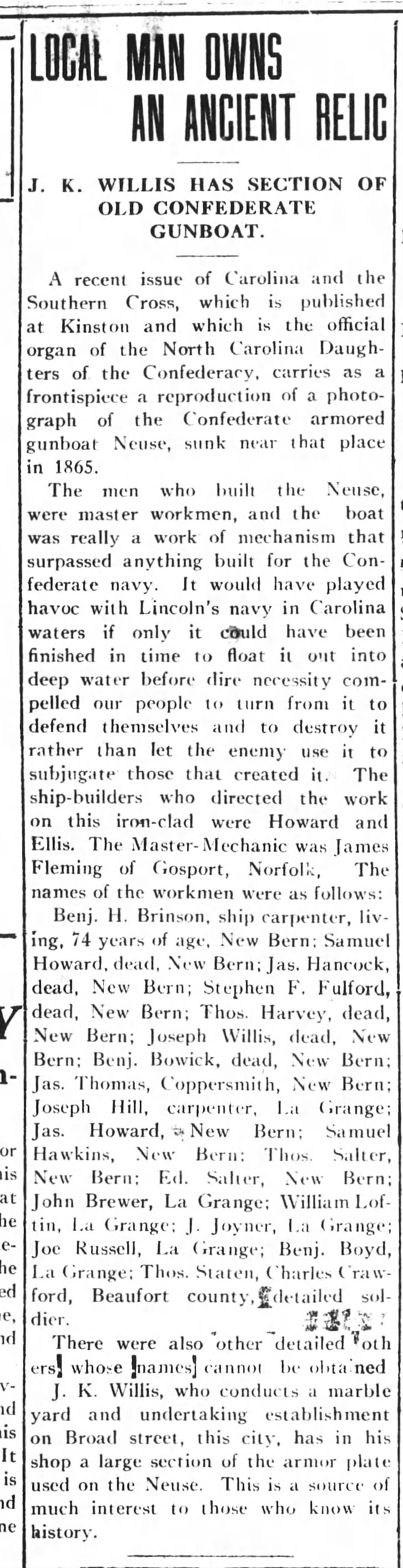 Craven Co, New Bern, NC, 11 Jan 1914, "Neuse" Gunboat Relic.