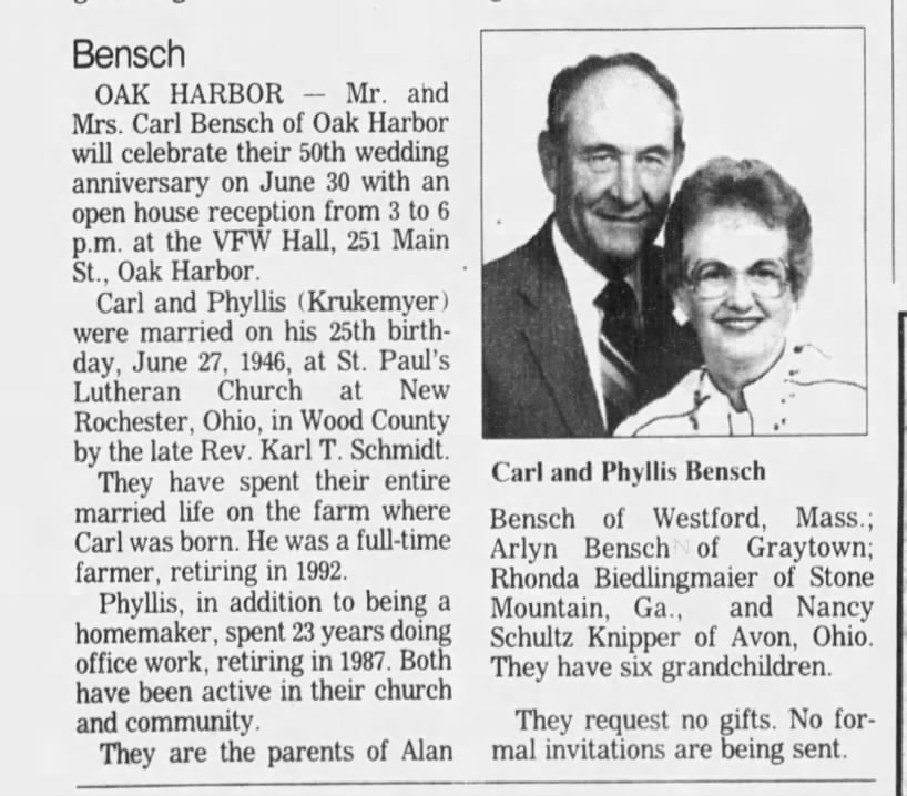 Carl H. Bensch and Phyllis Krukemyer 50th wedding anniversary reception