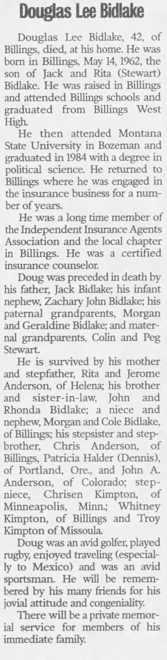 Obituary for Douglas Lee Bidlake (Aged 42)