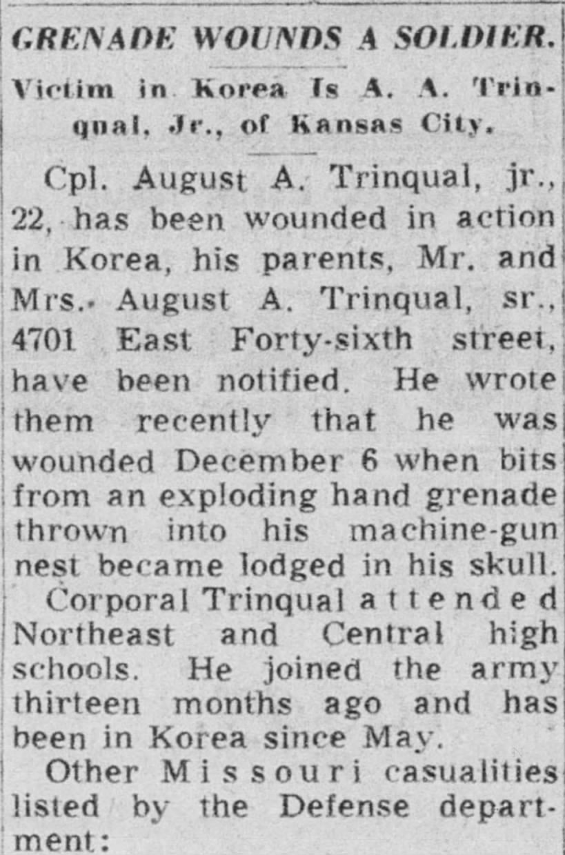 August Trinqual Jr wounded in Korean war