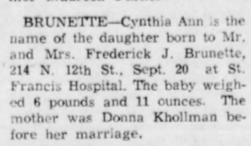 Cynthia Brunette
Birth